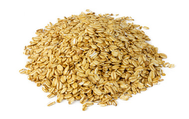 Oatmeal on a white background. Oatmeal grains isolated on white background. Cereals close-up. High angle view