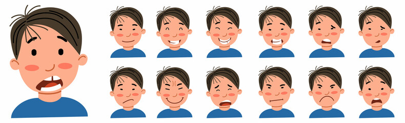 A set of male emotions. The expression on his face. The Asian guy is an Avatar . Vector illustration of a flat drawing on a white isolated background.