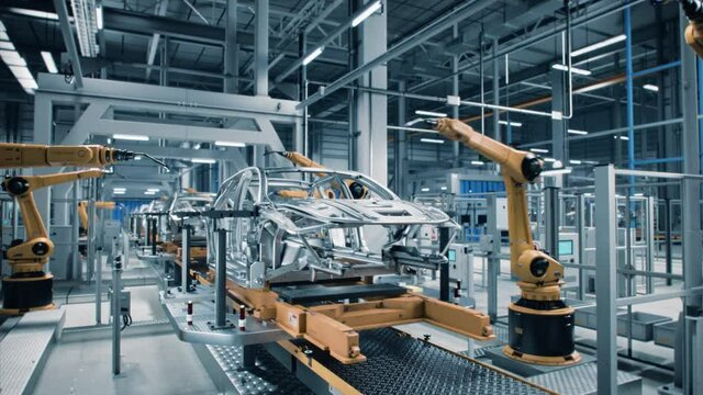 Car Factory 3D Concept: Automated Robot Arm Assembly Line Manufacturing Advanced High-Tech Green Energy Electric Vehicles. Construction, Building, Welding Industrial Production Conveyor. Close-up
