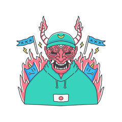 Japanese hip hop devil with cat on fire illustration. Vector graphics for t-shirt prints and other uses.