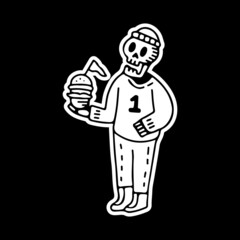 trendy skull in beanie holding burger. illustration for t shirt, poster, logo, sticker, or apparel merchandise.