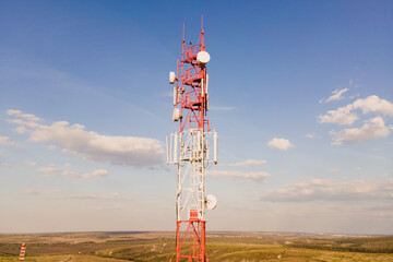 Telecommunication Antenna receiver on cell phone tower with 5G base station transceiver, aerial...