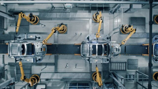 Aerial Car Factory 3D Concept: Automated Robot Arm Assembly Line Manufacturing Advanced High-Tech Green Energy Electric Vehicles. Construction, Building, Welding Industrial Production Conveyor
