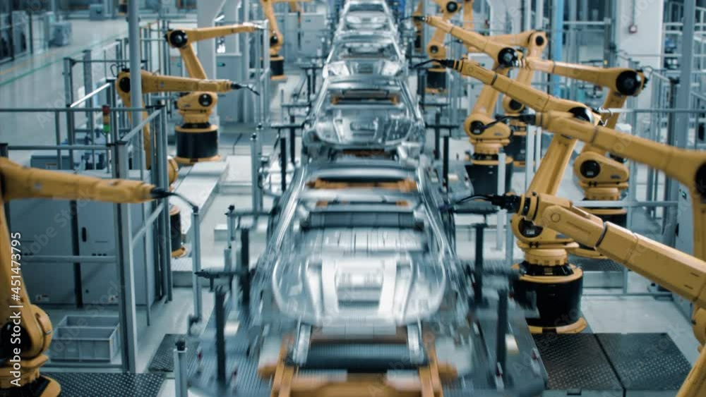 Poster car factory 3d concept: automated robot arm assembly line manufacturing high-tech green energy elect