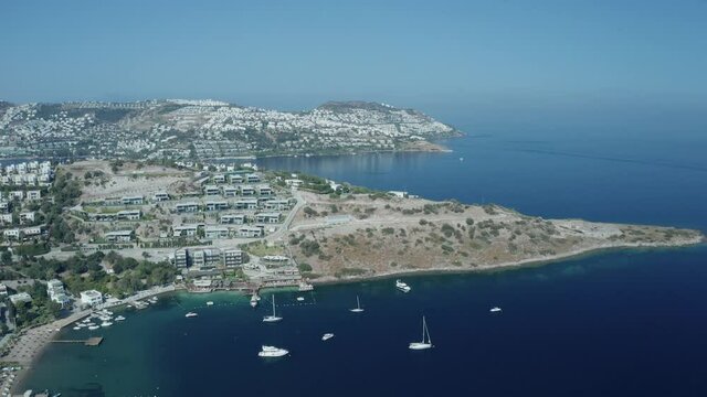 Amazing panoramic aerial 4k view from drone of beautiful bay of G�ndo_an and Yal�kavak in Bodrum on a bright and sunny day in Mugla province in Turkey