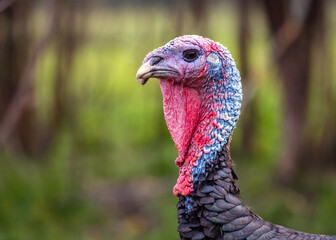 Turkey's head with a red and blue neck close-up. Side view.