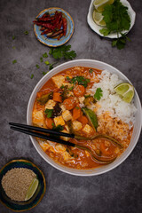 Vegan thai  red curry bowl and sides on gray table