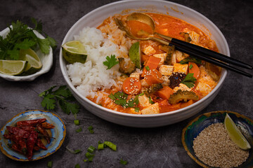 Vegan thai  red curry bowl and sides on gray table