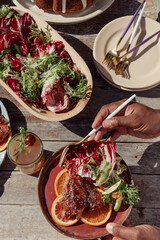 Person with a plate of food at an outdoor dinner party