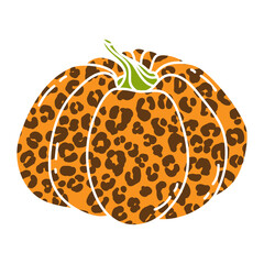 Leopard print pumpkin illustration in doodle style. Pumpkin - a symbol of Halloween, Fall, and Thanksgiving. Squash silhouette. Isolated on white background. Vector. For menu, farmers markets, print