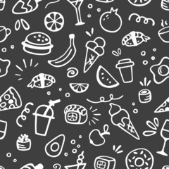 Vector seamless pattern with different food and drinks. Cute hand drawn design for wrapping paper, wallpaper, textile.