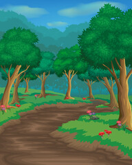 Wild forest with big trees. Tourist route through forest. Summer road trip to the outdoors. Nature landscape background. Beautiful cartoon illustration.
