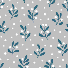 Vector seamless pattern with hand drawn branches with berries. Cute design for Christmas wrappings, textile and backgrounds.