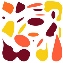 A set of  isolated abstract random spots in a rose, bordo and orange color scheme. Vector illustration in modern style. Minimalist art.