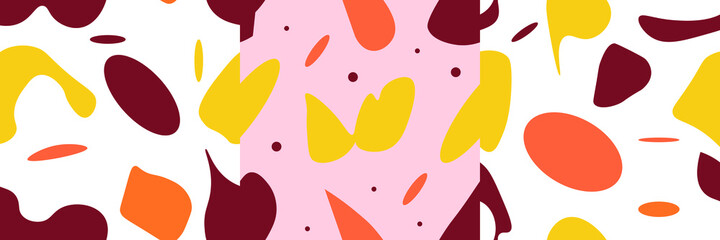 A set of three isolated abstract patterns with random spots in a bordo, rose and orange color scheme. Vector illustration in modern style. Stamp texture, wallpaper collection. minimalist art.