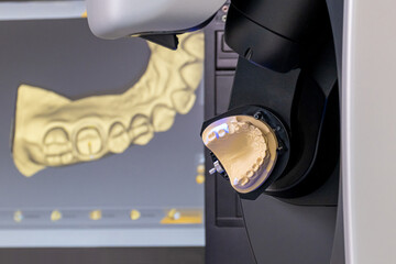 CAD/CAM equipment modern extraoral laboratory dental scanner. Selective focus. - obrazy, fototapety, plakaty