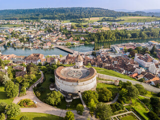 Drone image of Swiss old town Schaffhausen, with the medieval castle Munot. Munot is the landmark of this town.