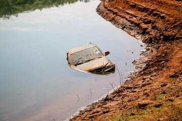 View of the dam in low water level water crisis.
