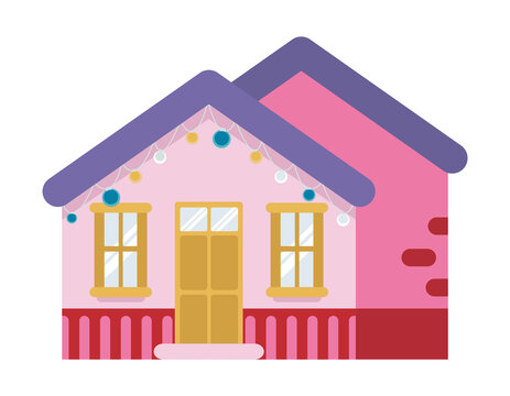 Pink house in cartoon style. Beautiful building decorated for holidays  Stock Vector | Adobe Stock