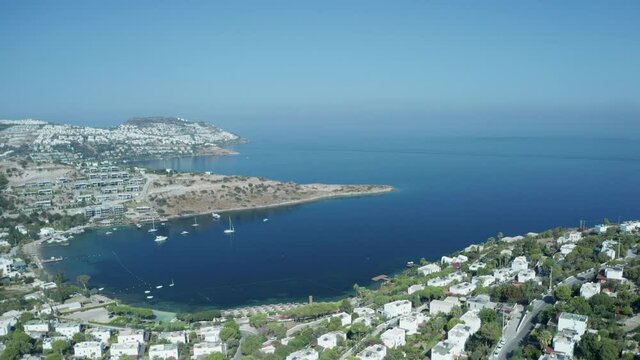 Amazing panoramic aerial 4k view from drone of beautiful bay of G�ndo_an and Yal�kavak in Bodrum on a bright and sunny day in Mugla province in Turkey