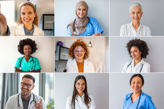 Combined images of confident positive medical professionals. Medical staff around the world - ethnically diverse headshot portraits. Collage of group of professional doctor nurse people