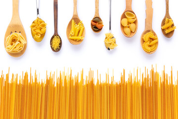 Pasta collection food on white background. Raw pasta assortment and spoon