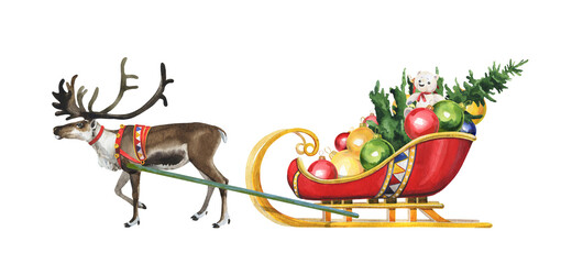 New Year watercolor deer in harness on a white background