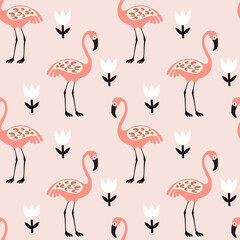 Obraz premium seamless pattern with vector illustrations pink flamingos with flowers. animalistic background for kids design on pink background