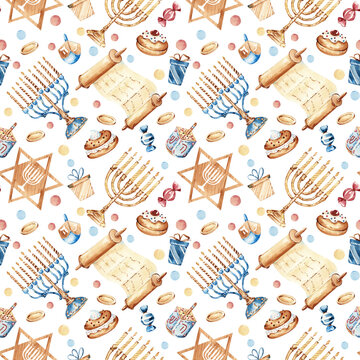 Jewish holiday Hanukkah seamless pattern design with traditional elements and bakery. Jewish hanukkah holiday. Happy Hanukkah digital paper, greeting card, poster