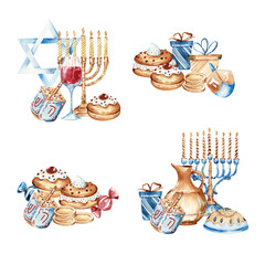 Jewish holiday Hanukkah banner design with menorah, dreidel, traditional bakery. Jewish hanukkah frame. Happy Hanukkah greeting card template. 