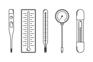 Thermometer icons set. Image of an electronic and mercury thermometer to measure the temperature of the body, surface and environment. Vector. - obrazy, fototapety, plakaty