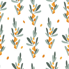 Sea ​​buckthorn branches with berries seamless pattern. Background for wallpapers, textiles, papers, fabrics, web pages.