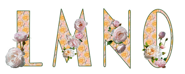 Latin capital letters L, M, N, O with pink blurred floral fill and white roses. Isolated elements on a white background. Broadway.