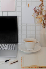 Aesthetic minimalist home office desk workspace on white background. Business, work concept for blog, website, social media.