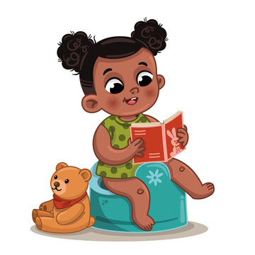 Cute ethnic little girl potty training and reading a book. Vector illustration.