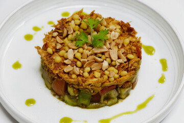 kolhapuri chicken salad with crunchy salad with peanuts, indian spiced snack food
