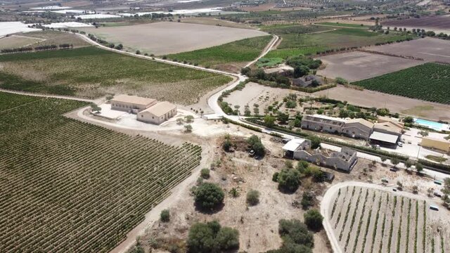 Aerial view of a Sicilian millstone with rows of vines around on a hot summer day, Marzamemi, Sicily, Italy