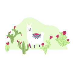 Vector cute lama with cactus in cartoon hand drawn childish style. Funny animal character for nursery, baby apparel, textile and product design, wallpaper, wrapping paper, card, scrapbooking