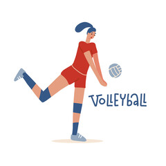 Female volley athlete character playing with ball. Volleyball player championship sport symbol illustration flat vector.