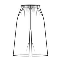 Bermuda Pocket Short technical fashion illustration with elastic normal low waist, high rise, Relaxed fit, knee length. Flat bottom apparel template front, white color. Women men unisex CAD mockup