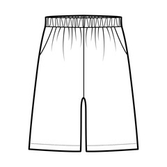 Shorts Sport training Bermuda technical fashion illustration with elastic low waist, rise, pockets, Relaxed fit, mid-thigh length. Flat bottom apparel front, white color. Women men unisex CAD mockup