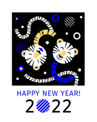 2022 New Year card template with tiger. Chinese New Year. White Tiger. 2022 concept. Template design for invitation, banner, greeting card, cover. Creative geometric vector. Blue, gold, black, white.