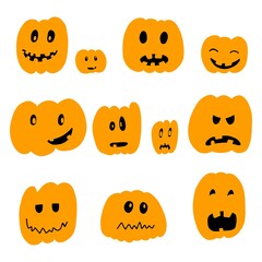 Set of vector illustration of Halloween pumpkin in hand drawn cartoon style on white background