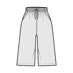 Bermuda Pocket Short technical fashion illustration with elastic normal waist, high rise, drawstrings, Relaxed fit, knee length. Flat bottom apparel template front, grey color. Women men unisex CAD