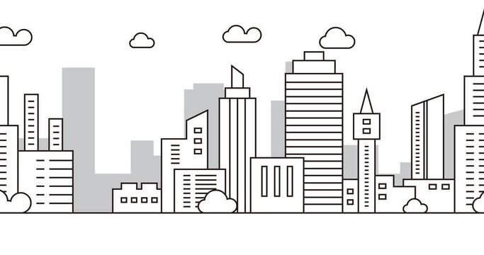 animation.urban buildings on the highway in a vector style outline with clouds and plants in a 4k animasi animation video