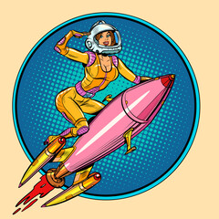 Pinup female astronaut flying on a rocket, a woman in space. Science fiction - 451484594