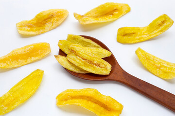 Banana slice chips on white background.