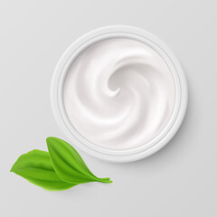 White Cosmetics Cream in Package Container Top View with Green Leaf. Cosmetic Product for Care to Skin Face. Applicable for Dairy or Cosmetic Products Ads or Packaging Design