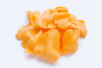 Prawn crackers on white background. Shrimp crispy rice snack