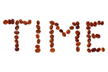 The word "time" written in coffee beans. Coffee beans on white isolated background.